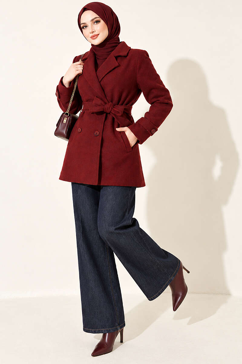 Short Belted Double-Breasted Felt Coat - Burgundy