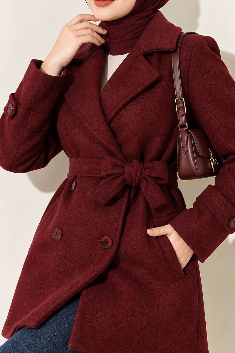 Short Belted Double-Breasted Felt Coat - Burgundy