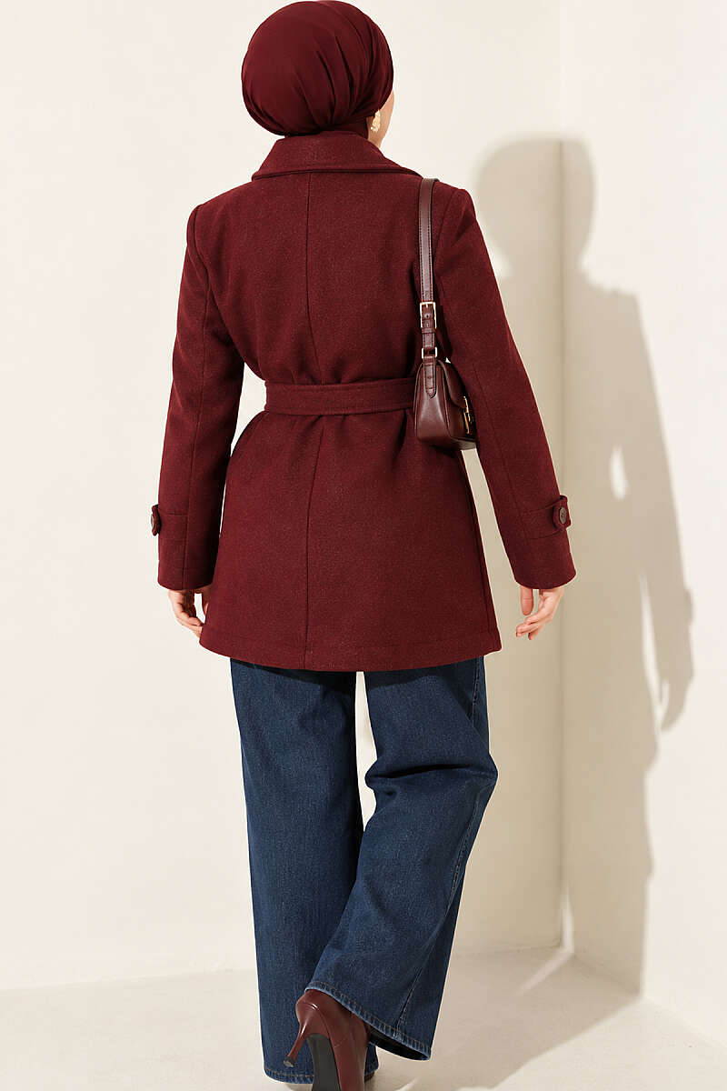 Short Belted Double-Breasted Felt Coat - Burgundy