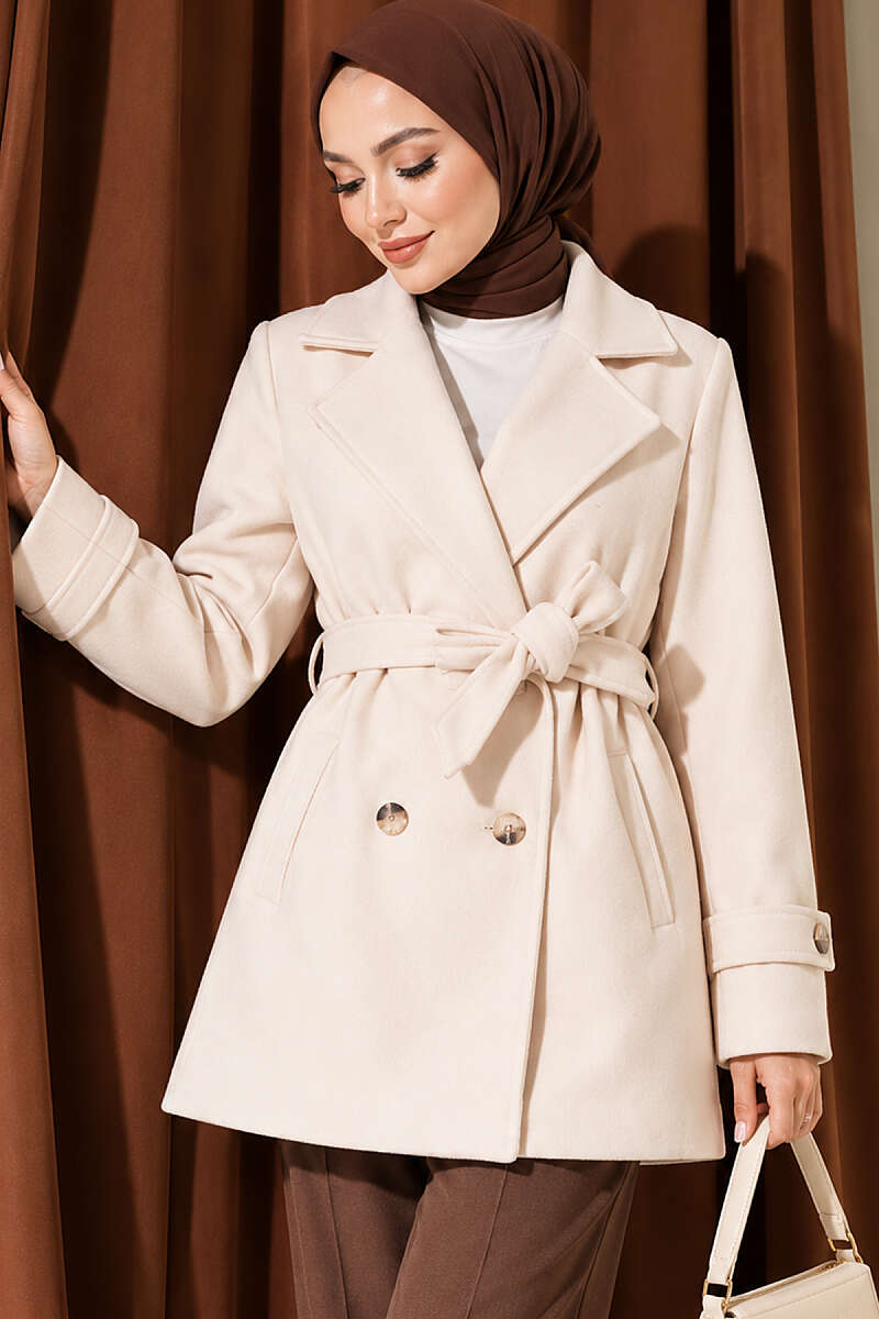 Short Belted Double-Breasted Felt Coat - Ecru