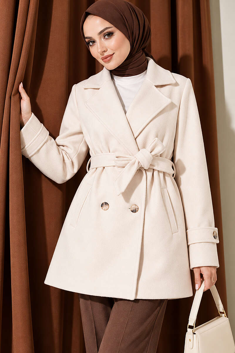 Short Belted Double-Breasted Felt Coat - Ecru