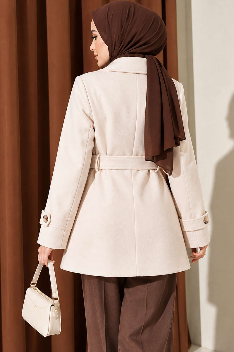 Short Belted Double-Breasted Felt Coat - Ecru