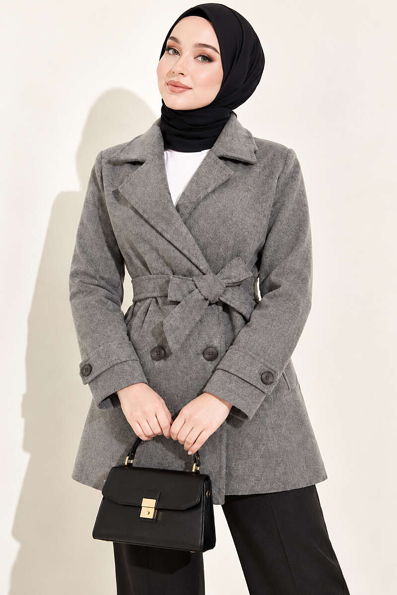 Short Belted Double-Breasted Felt Coat - Smoke Grey