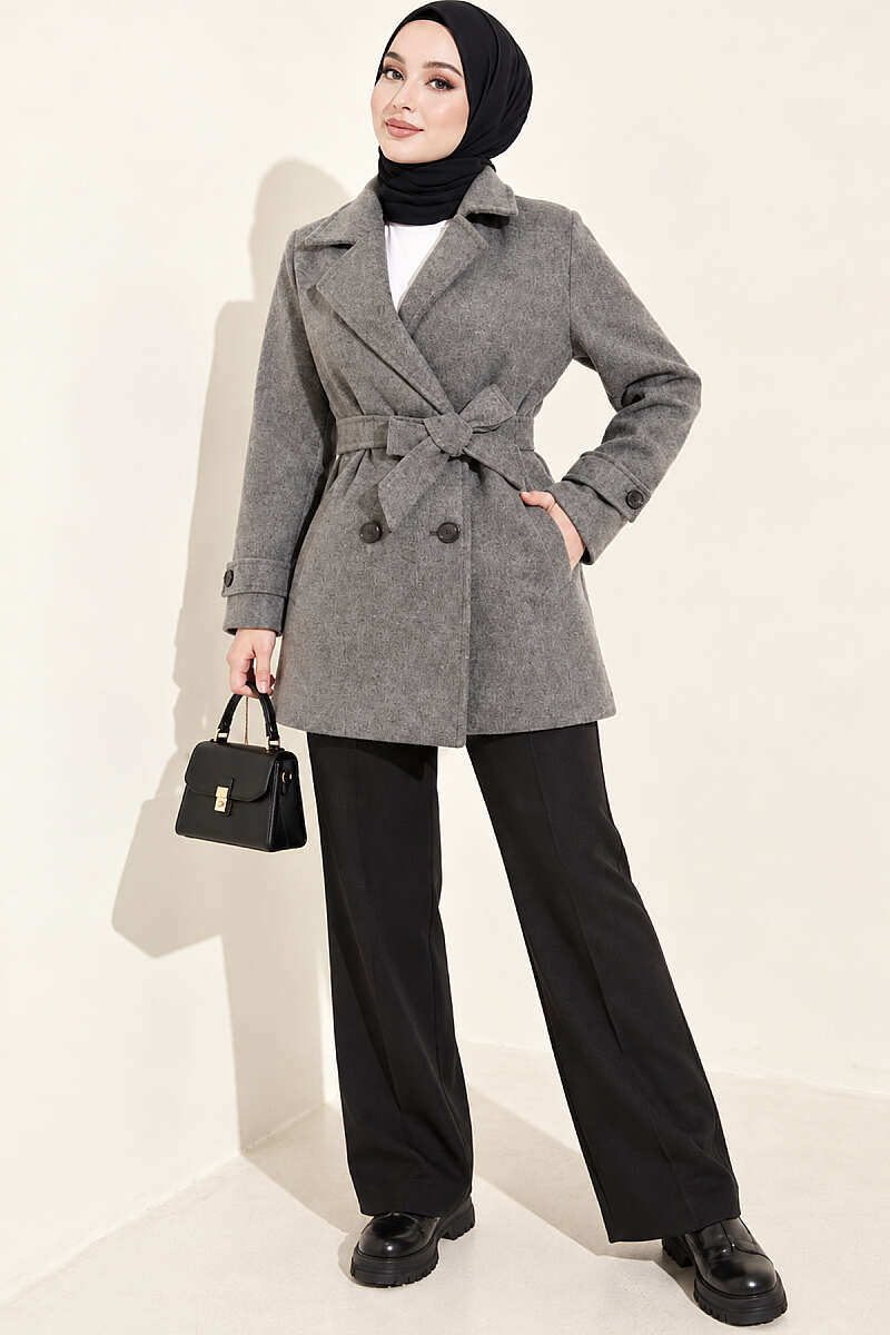 Short Belted Double-Breasted Felt Coat - Smoke Grey
