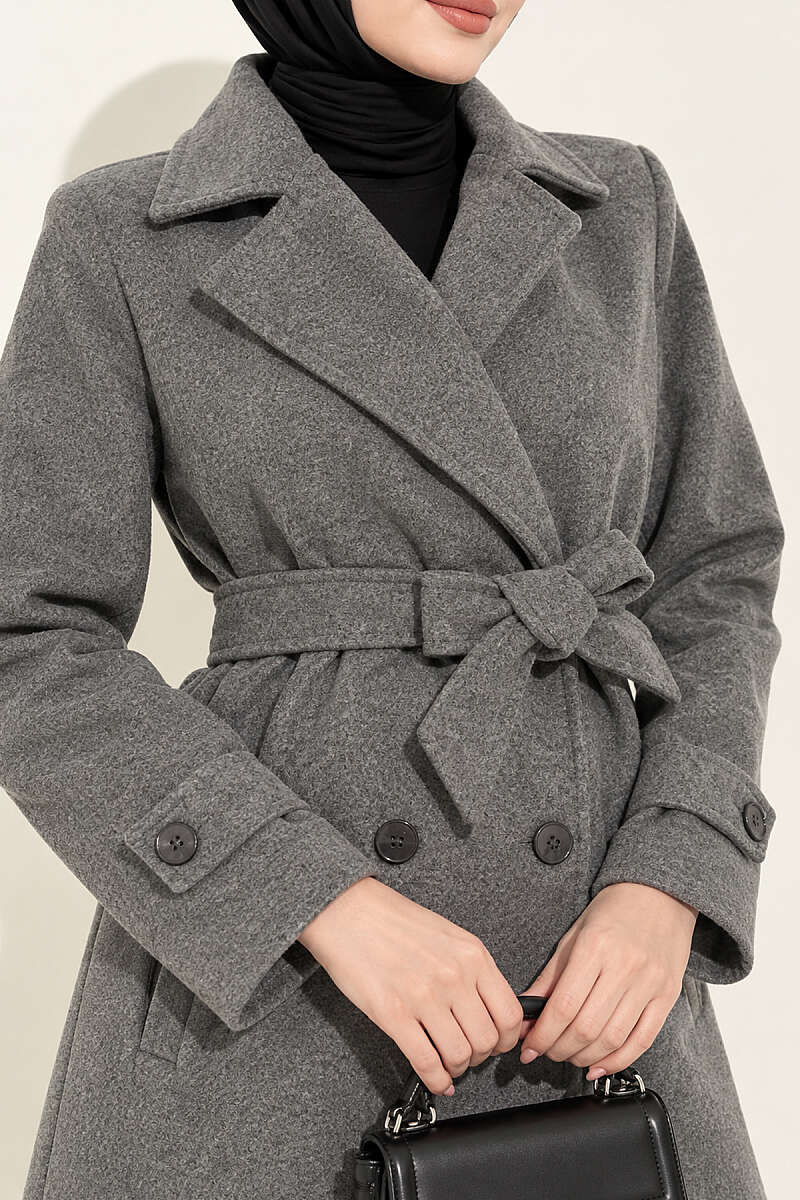 Short Belted Double-Breasted Felt Coat - Smoke Grey
