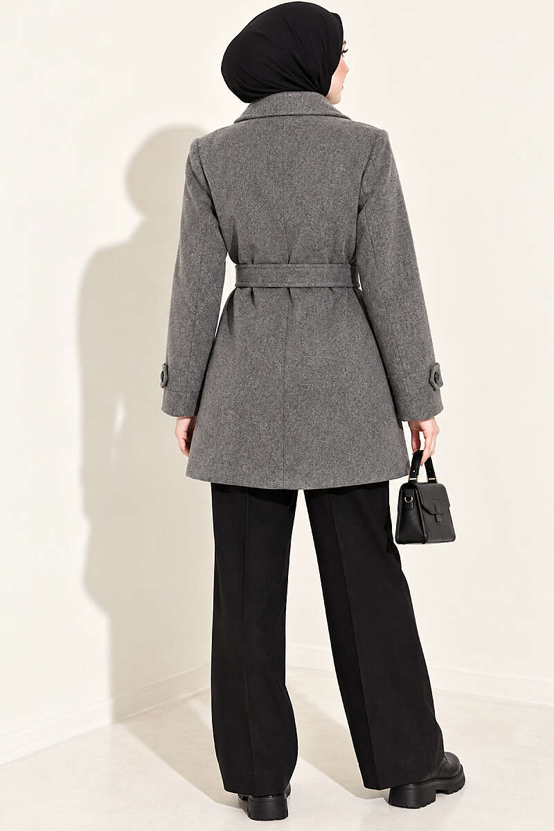Short Belted Double-Breasted Felt Coat - Smoke Grey