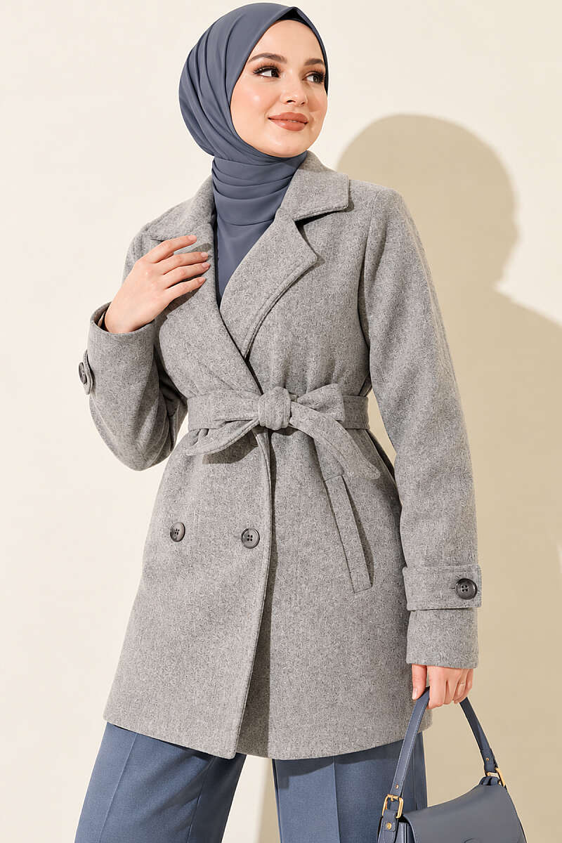 Short Belted Double-Breasted Felt Coat - Grey