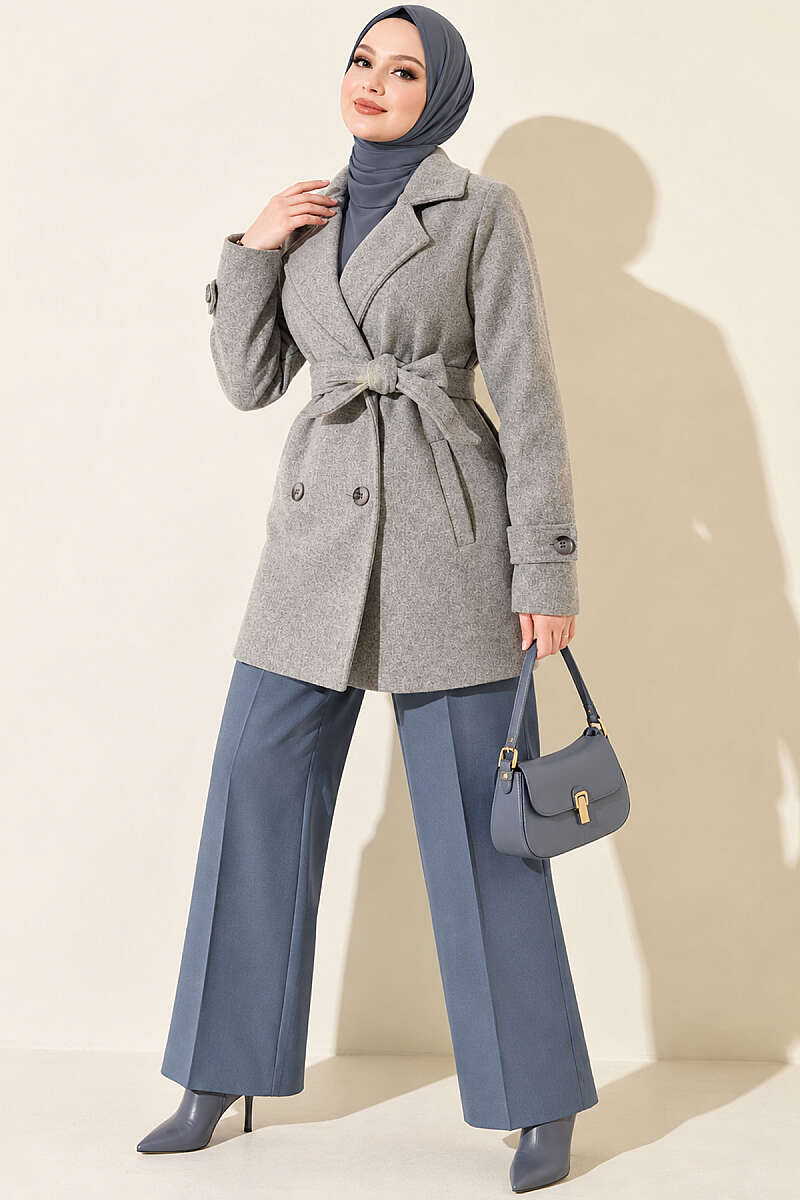Short Belted Double-Breasted Felt Coat - Grey