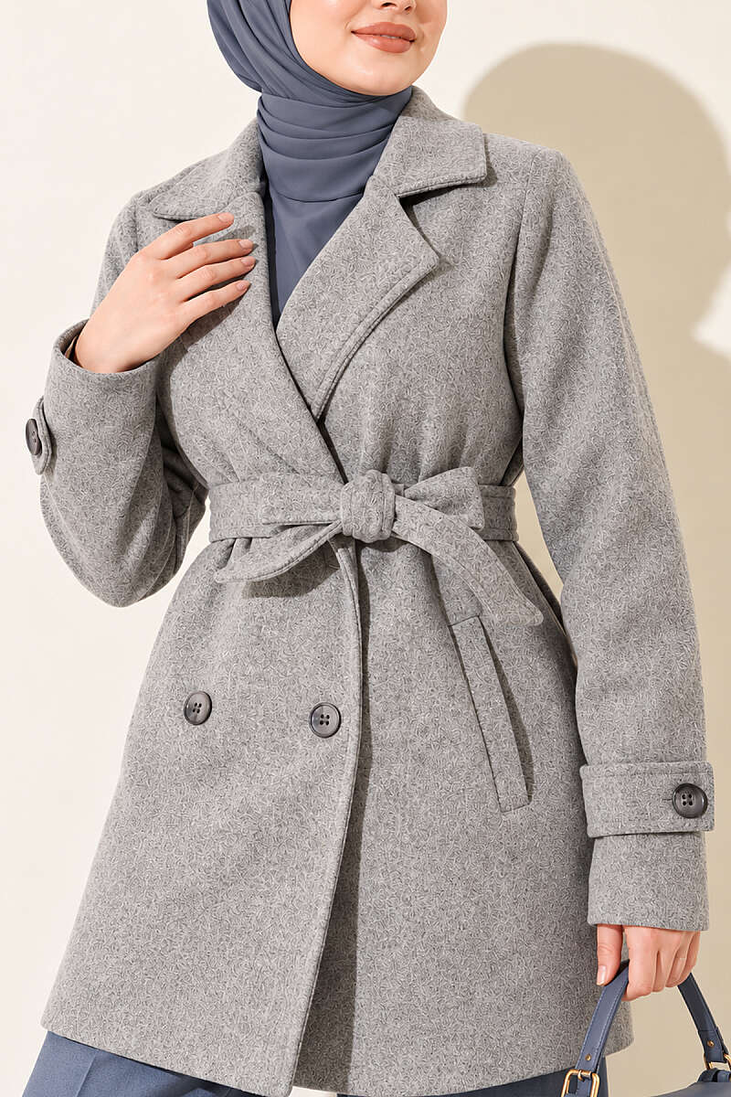 Short Belted Double-Breasted Felt Coat - Grey