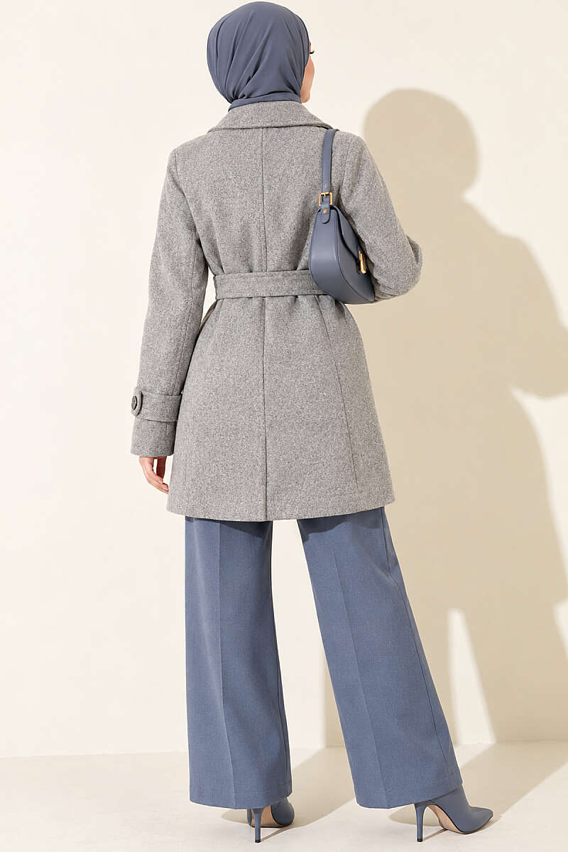 Short Belted Double-Breasted Felt Coat - Grey