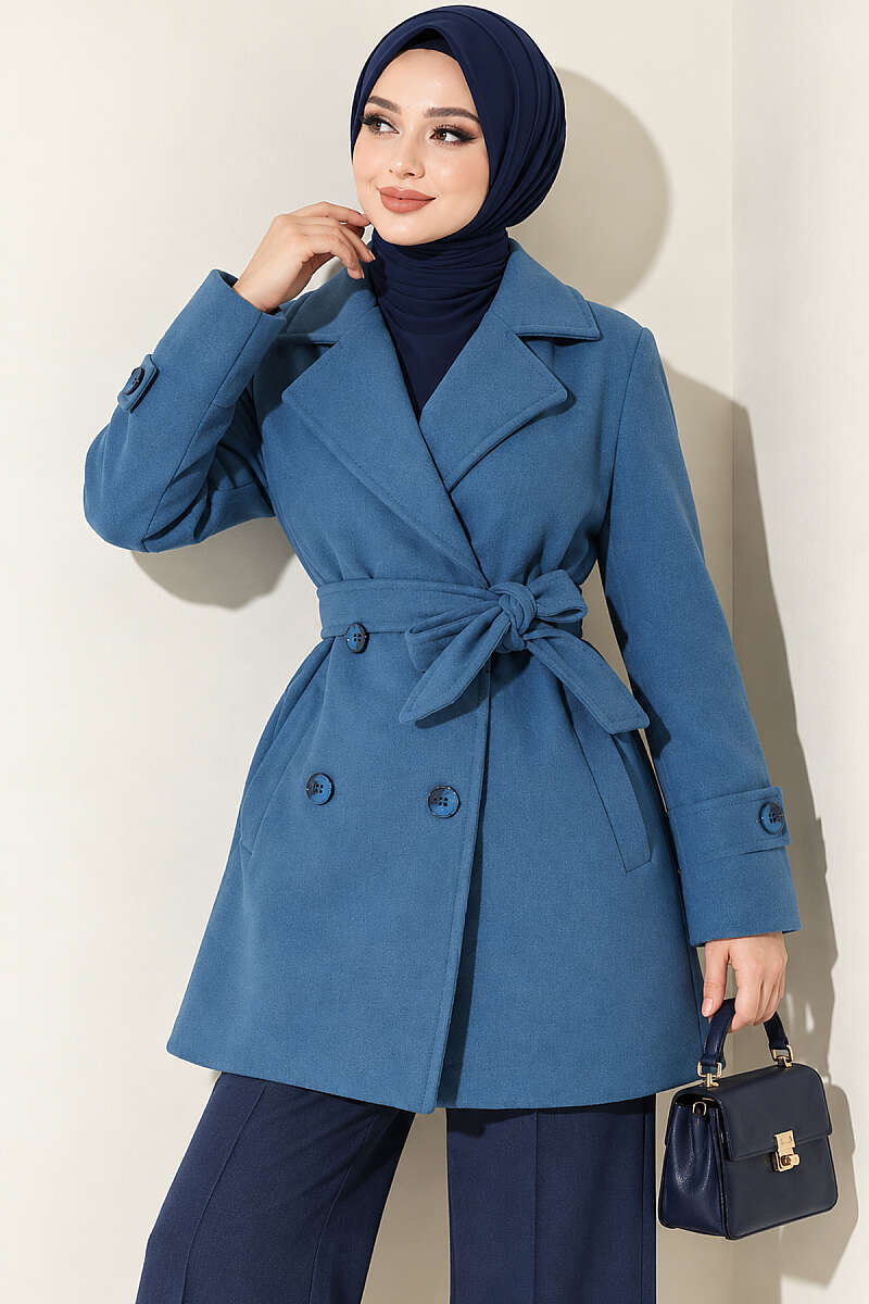 Short Belted Double-Breasted Felt Coat - Blue
