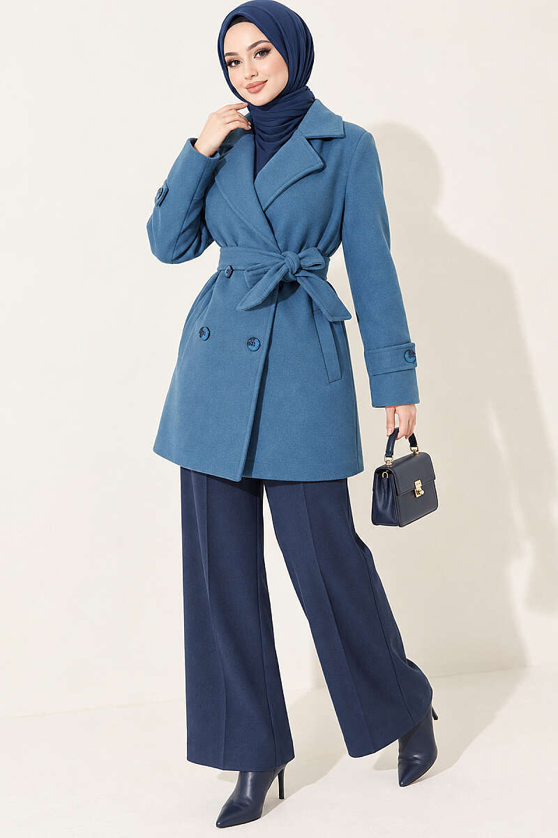 Short Belted Double-Breasted Felt Coat - Blue