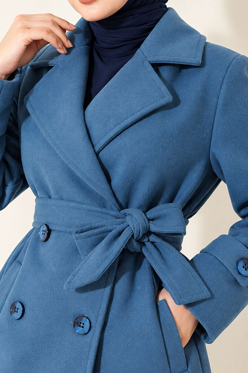 Short Belted Double-Breasted Felt Coat - Blue