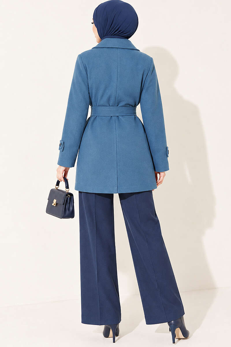 Short Belted Double-Breasted Felt Coat - Blue
