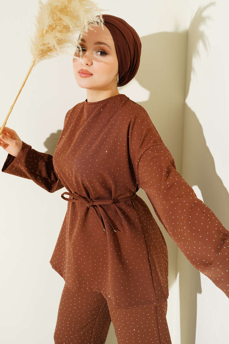 Belted Two-Piece Set with Mini Stones - Brown