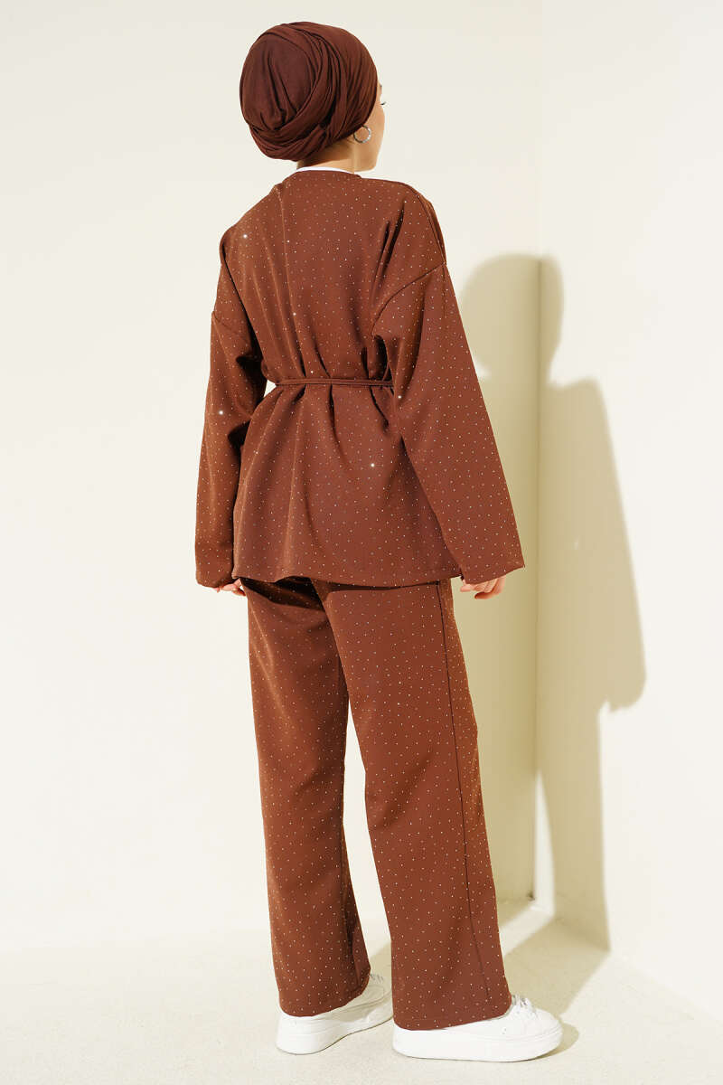 Belted Two-Piece Set with Mini Stones - Brown