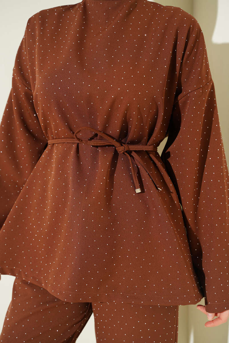 Belted Two-Piece Set with Mini Stones - Brown