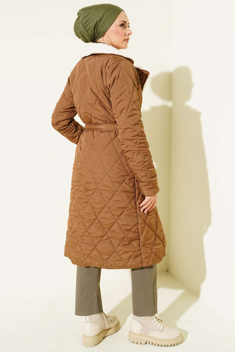 Belted Quilted Coat with Plush Trim - Tan