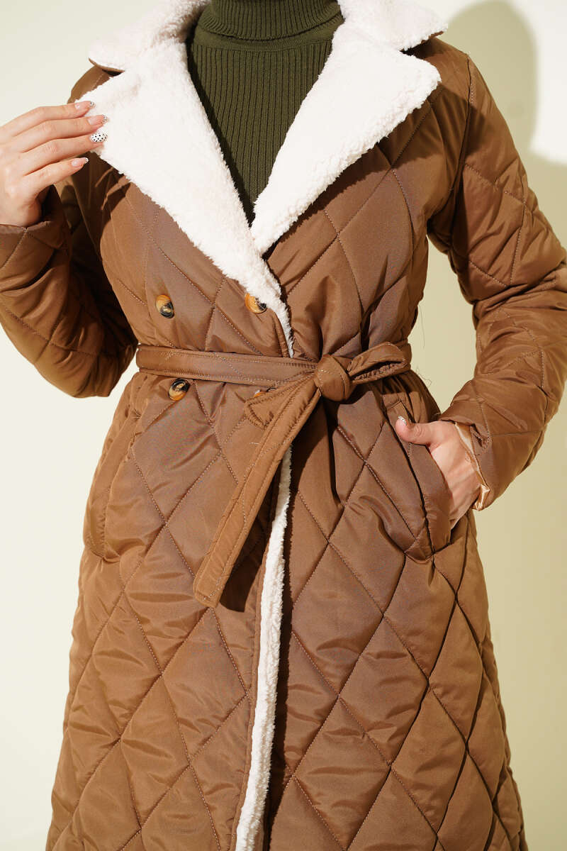 Belted Quilted Coat with Plush Trim - Tan