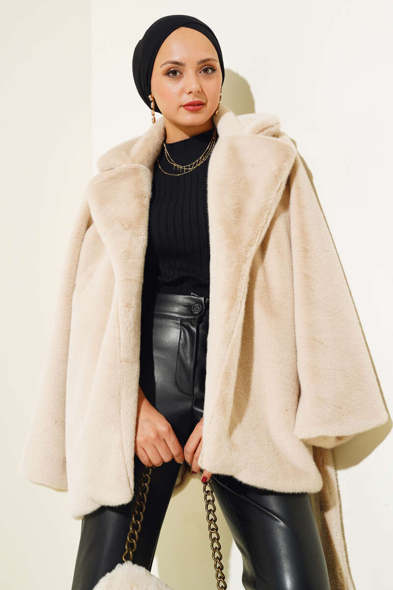 Belted Plush Coat - Beige