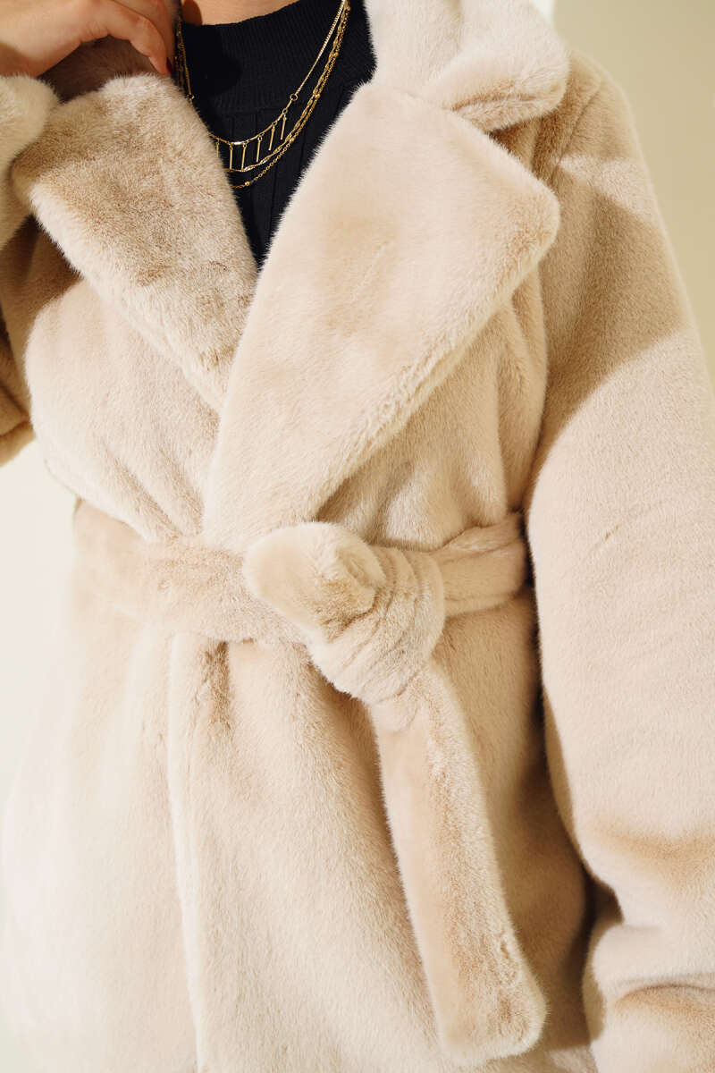Belted Plush Coat - Beige