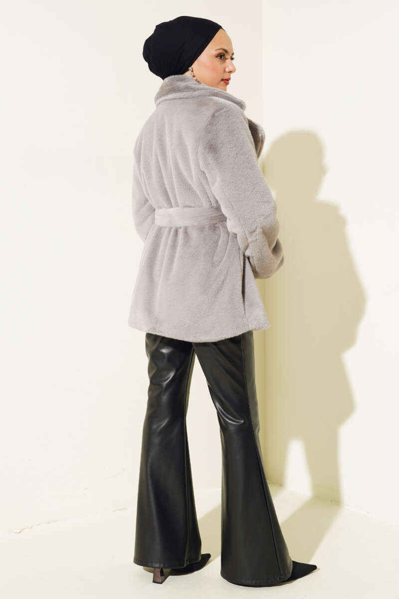 Belted Plush Coat - Grey