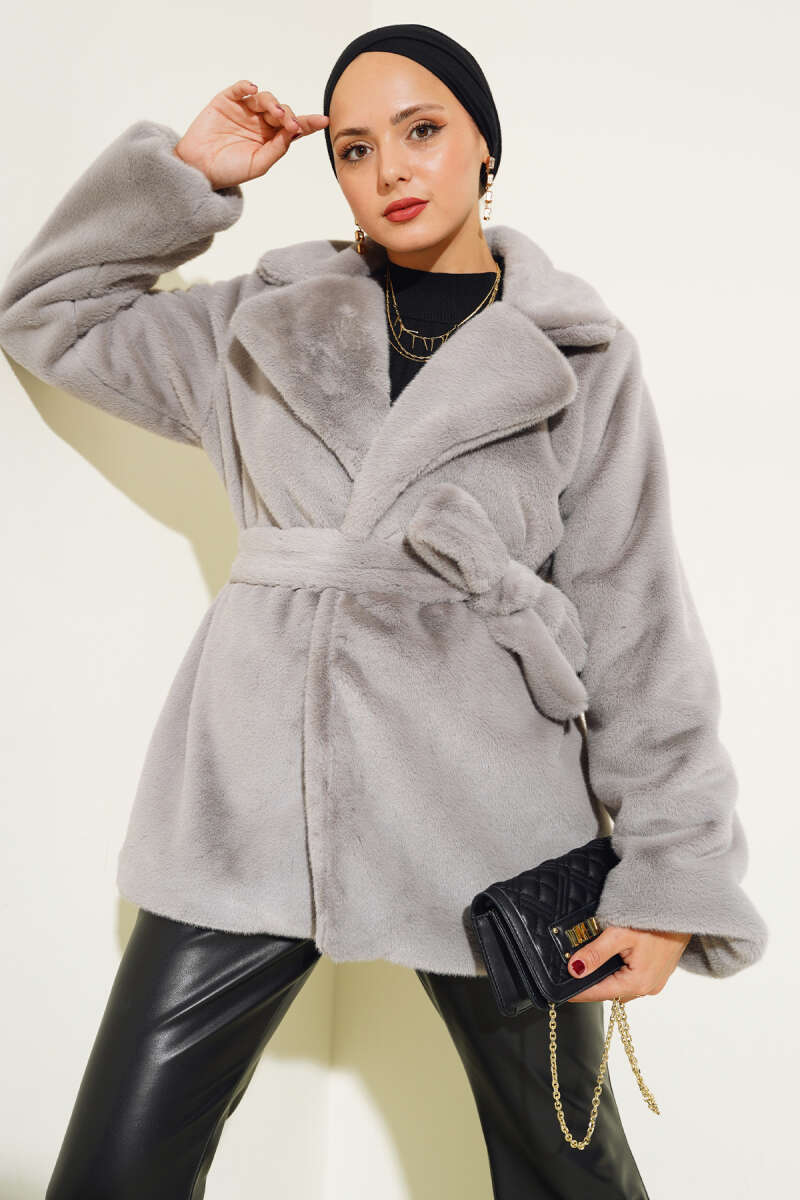 Belted Plush Coat - Grey
