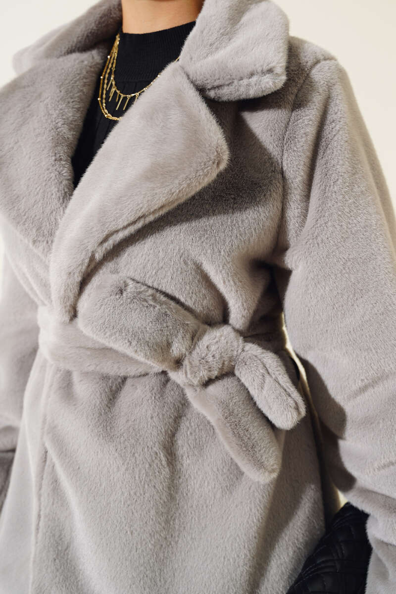 Belted Plush Coat - Grey