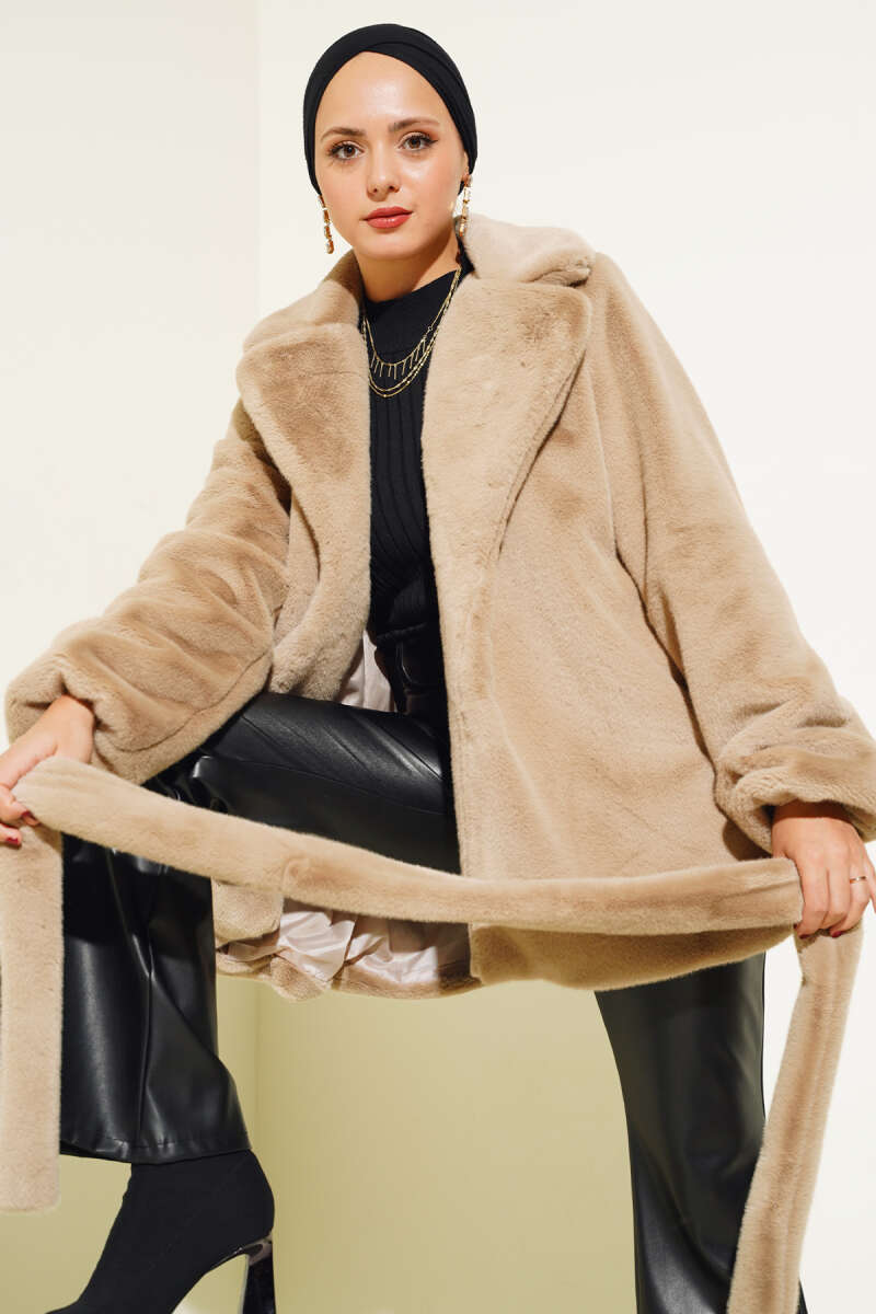 Belted Plush Coat - Latte