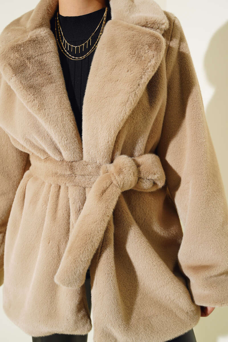 Belted Plush Coat - Latte