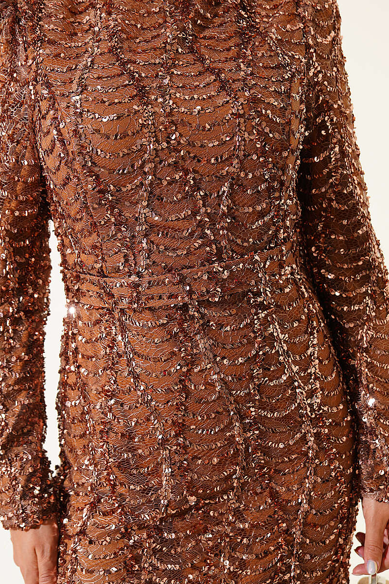 Belted Sequin Evening Dress - Copper