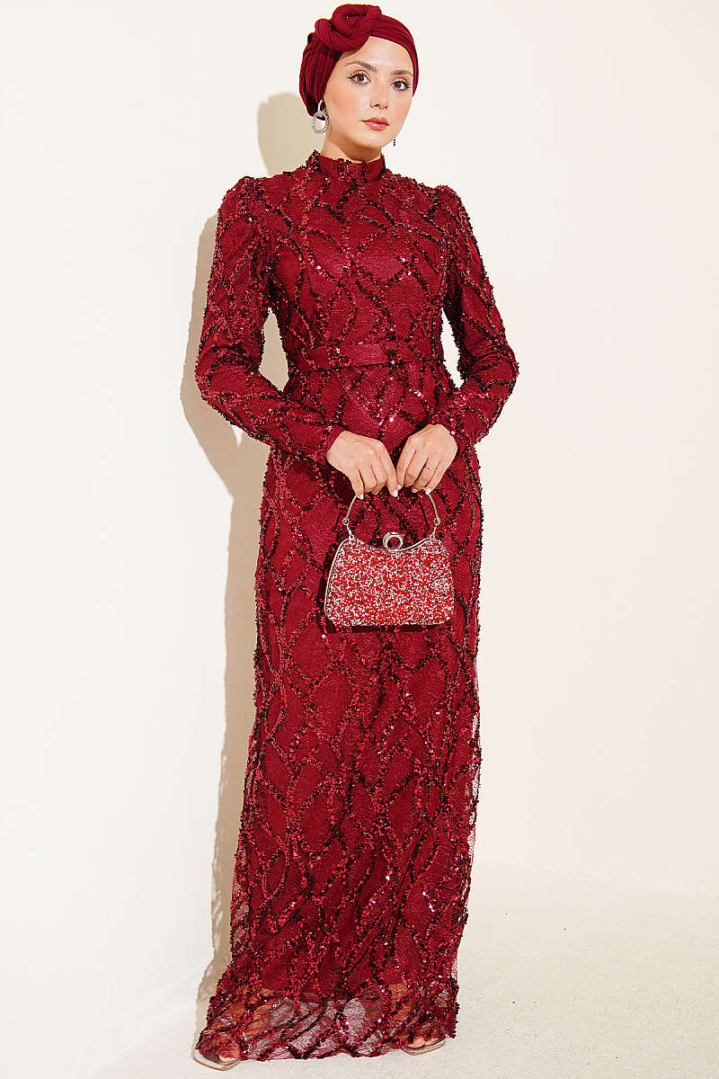 Belted Sequin Evening Dress - Burgundy