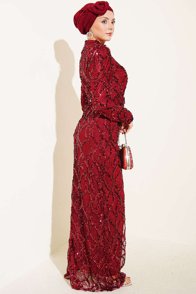 Belted Sequin Evening Dress - Burgundy