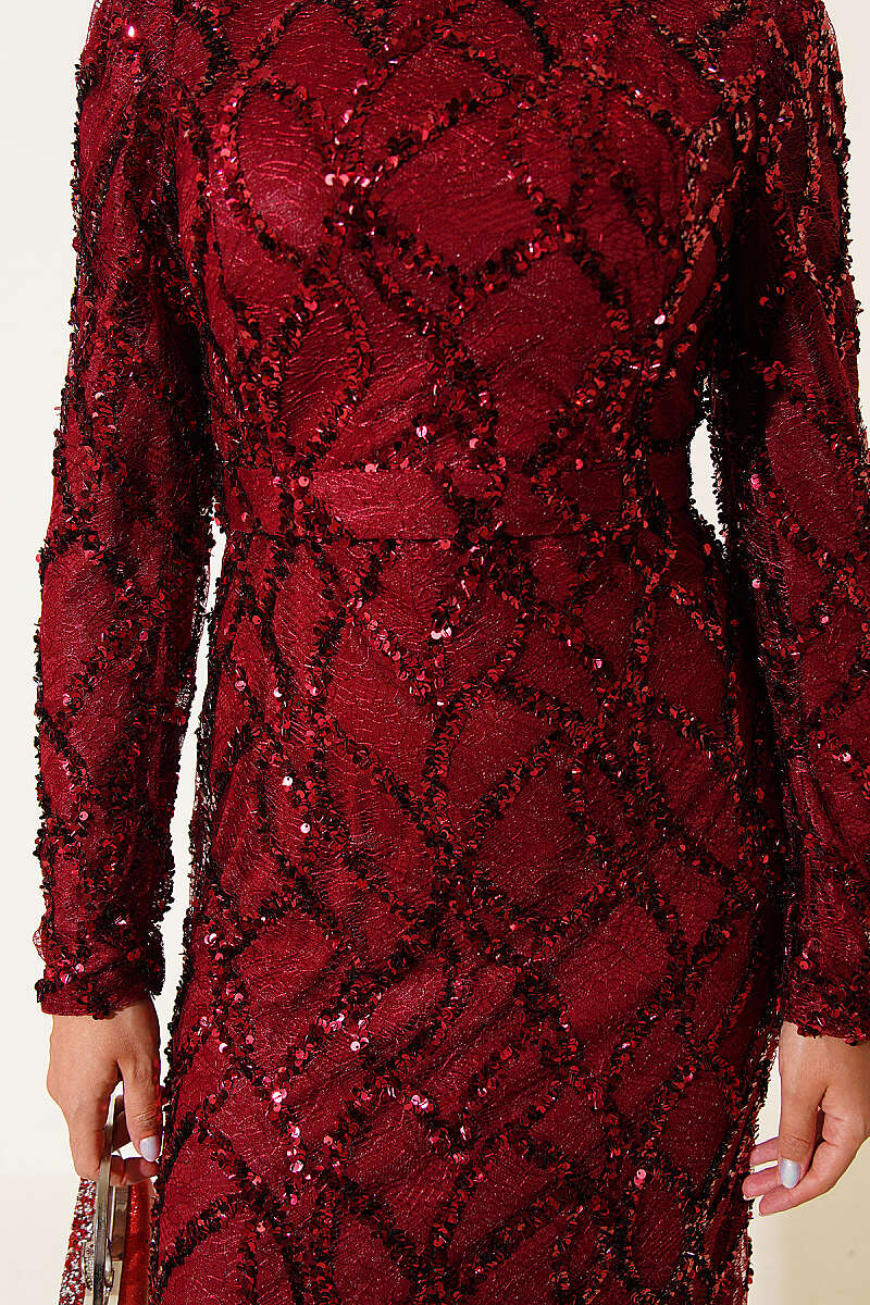 Belted Sequin Evening Dress - Burgundy