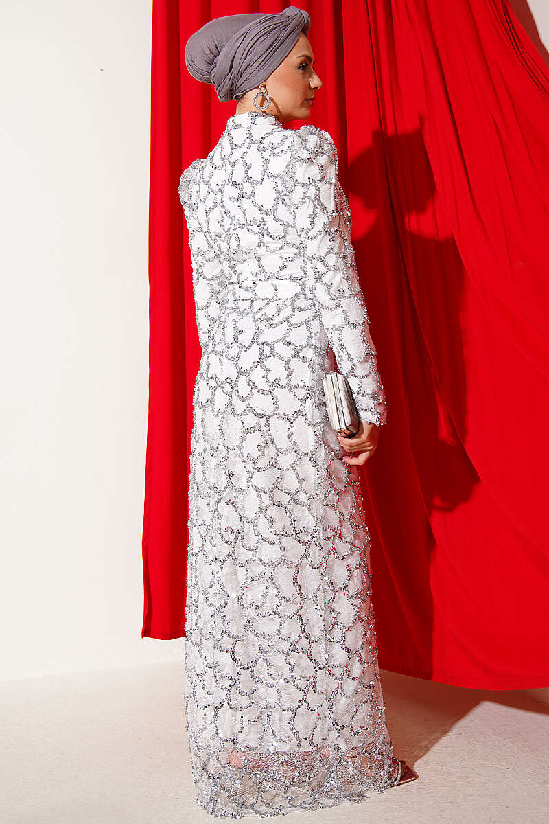 Belted Sequin Evening Dress - Ecru