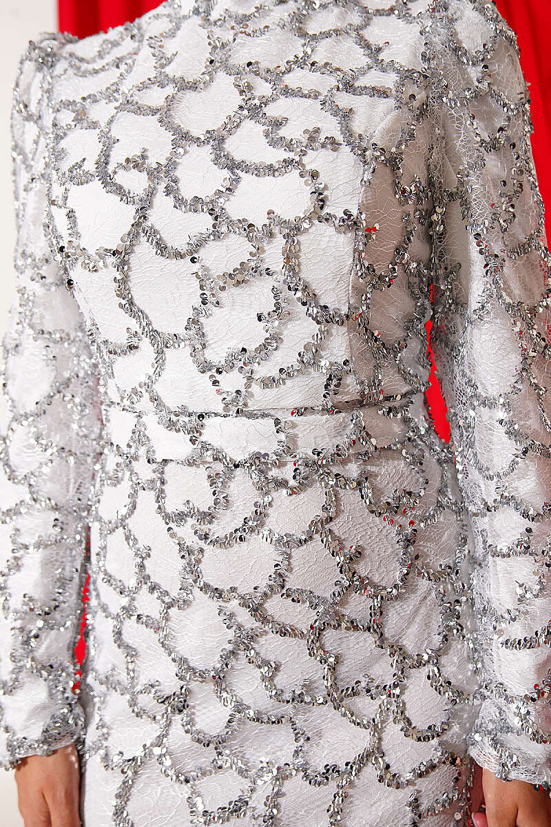Belted Sequin Evening Dress - Ecru