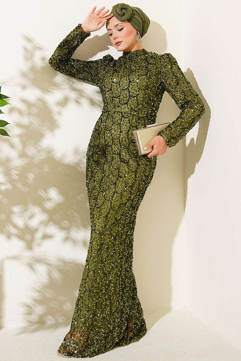 Belted Sequin Evening Dress - Khaki