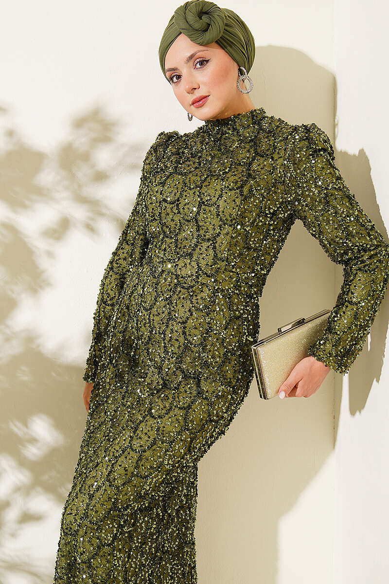 Belted Sequin Evening Dress - Khaki