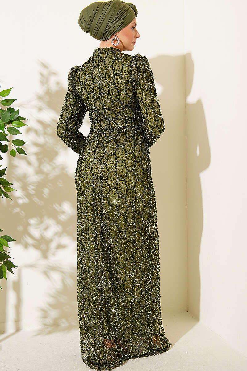 Belted Sequin Evening Dress - Khaki