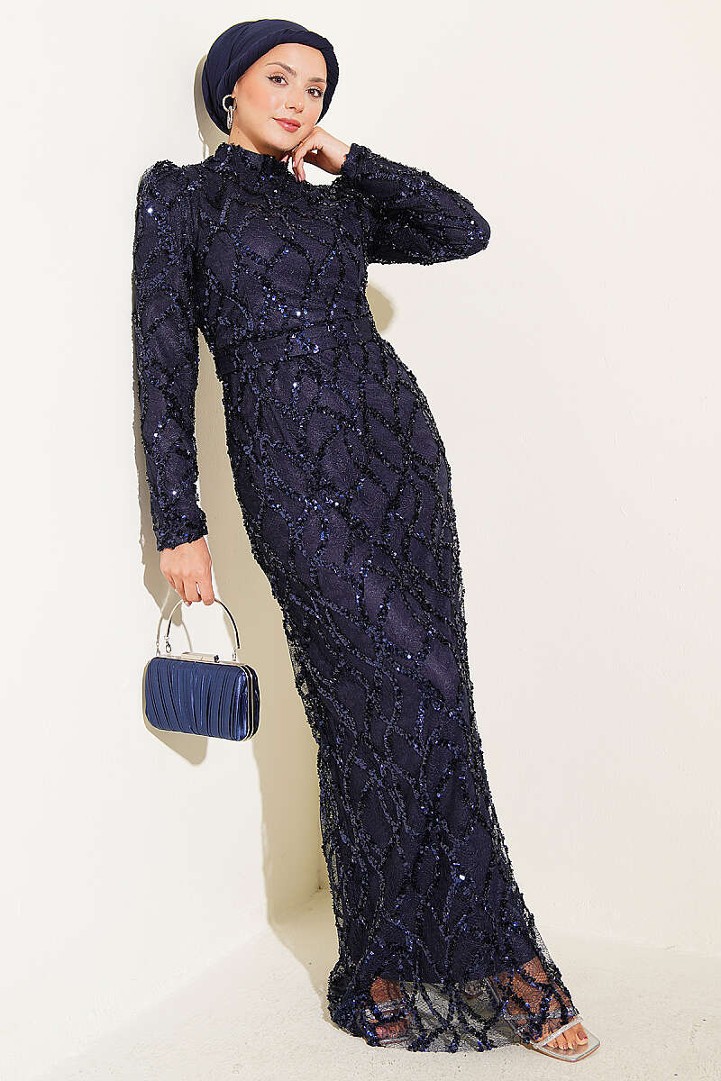 Belted Sequin Evening Dress - Navy