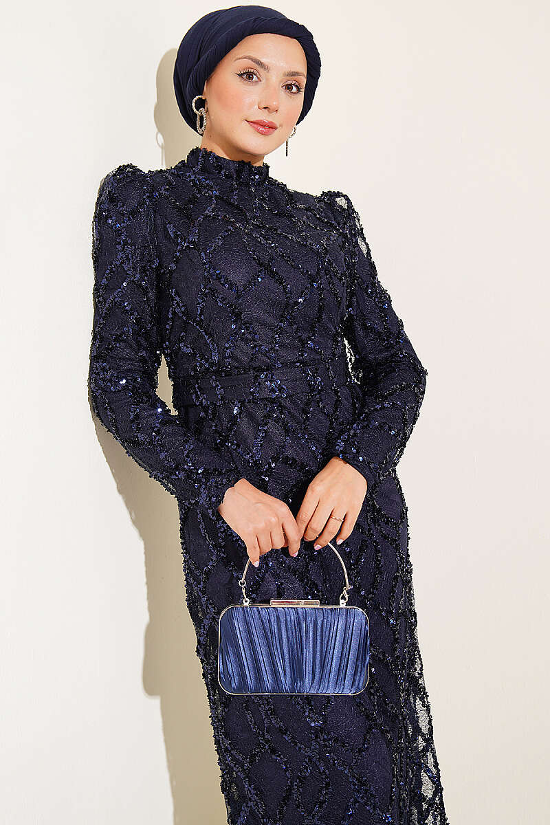 Belted Sequin Evening Dress - Navy
