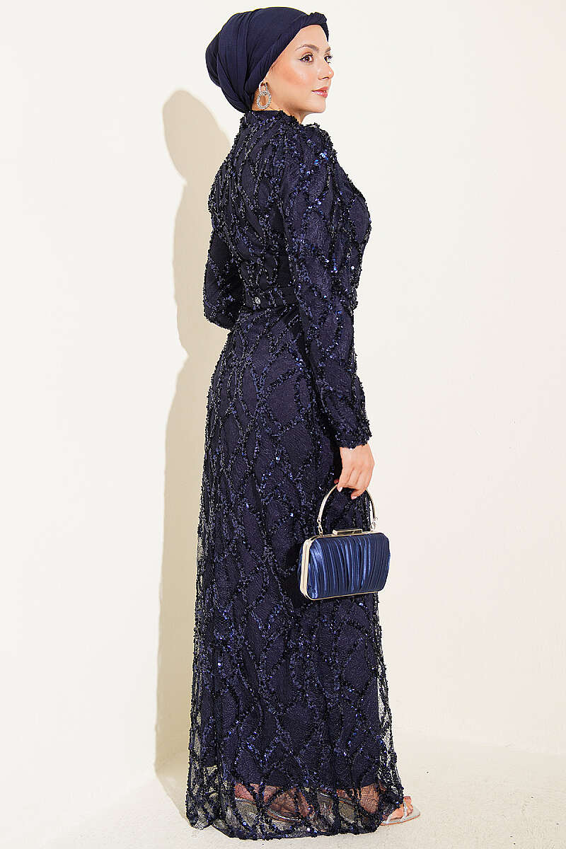 Belted Sequin Evening Dress - Navy
