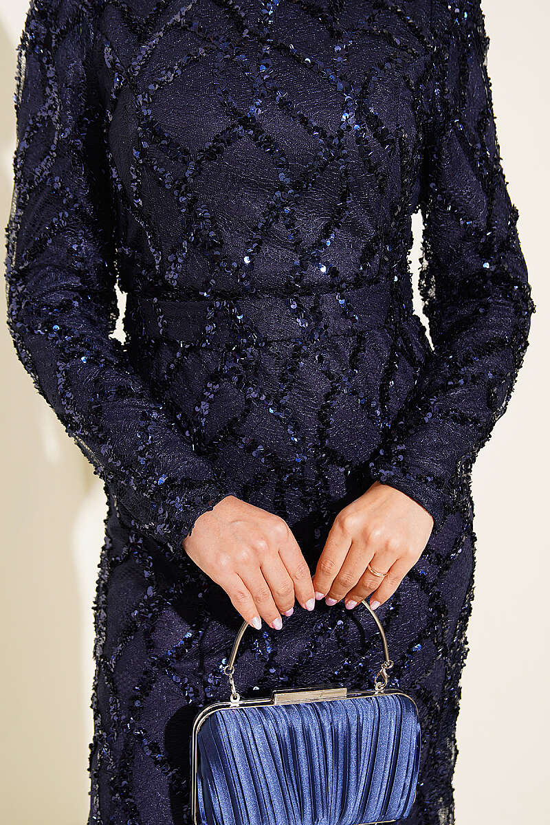 Belted Sequin Evening Dress - Navy