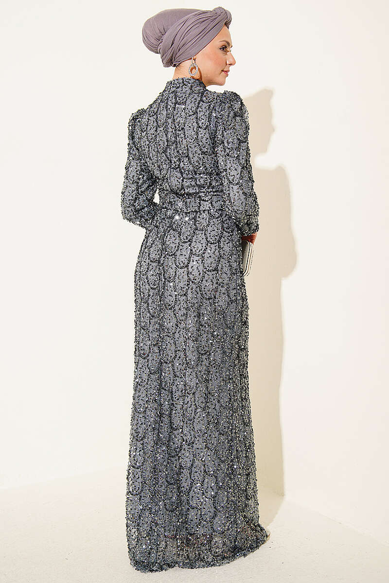 Belted Sequin Evening Dress - Mint