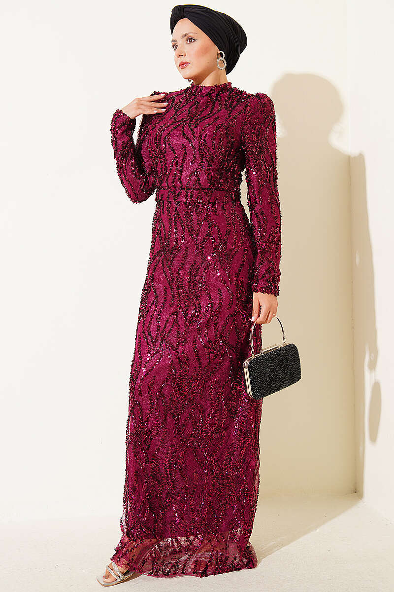 Belted Sequin Evening Dress - Plum