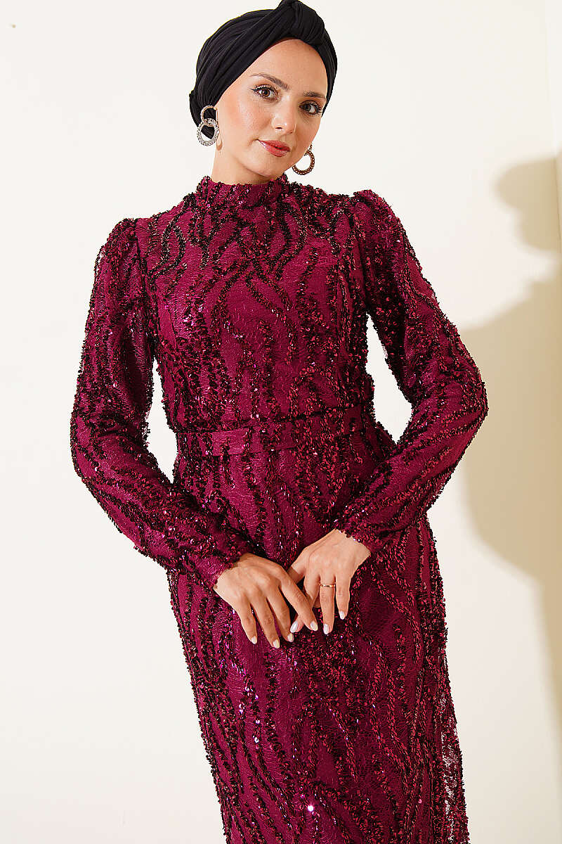 Belted Sequin Evening Dress - Plum