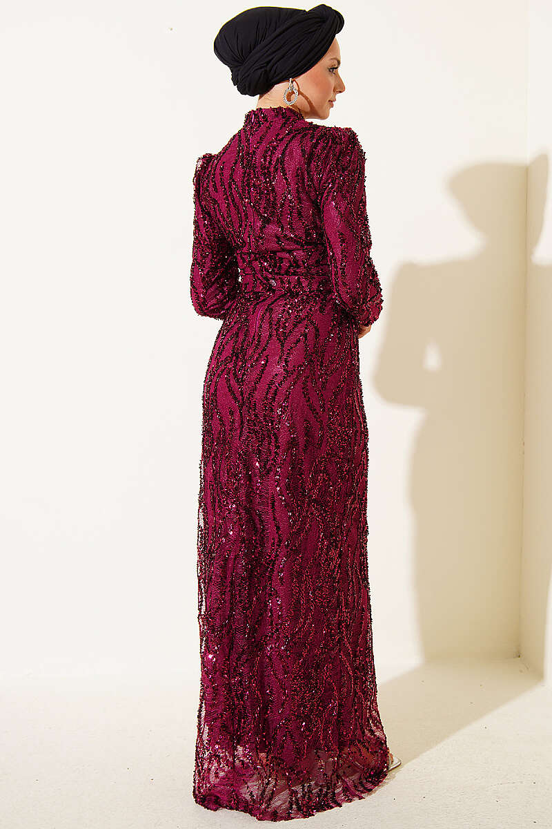 Belted Sequin Evening Dress - Plum