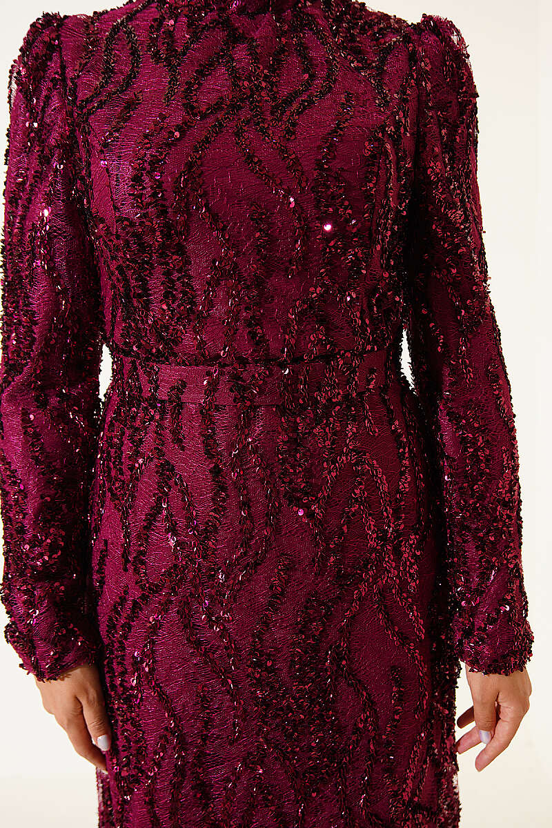 Belted Sequin Evening Dress - Plum