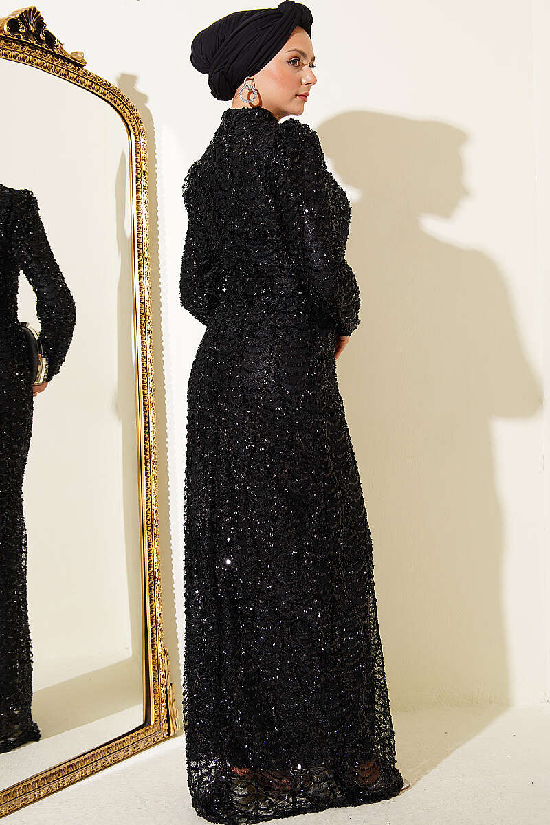 Belted Sequin Evening Dress - Black