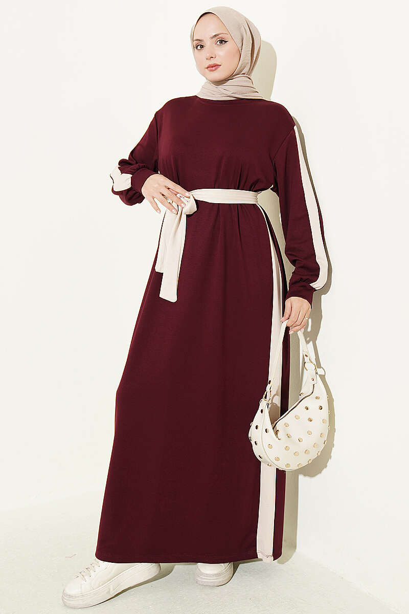 Belted Dress with Stripe Trim - Burgundy